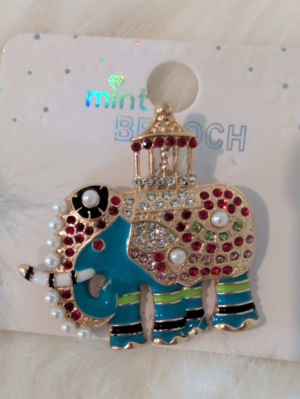 Mint Colorful Jeweled Blue And Red Elephant Brooch